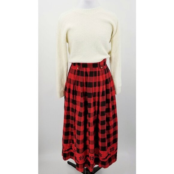 Vintage Breeches Christmas Skirt Red Black Buffalo Snowflake Reindeer Print Hem - Picture 2 of 12